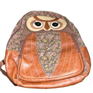 Bongo "Mrs. Owl"‎ Faux Leather Backpack Brown Floral Boho Bag